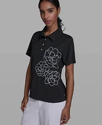 Karl Lagerfeld Paris Womens Short Sleeve Rose Embroidered Collared Blouse