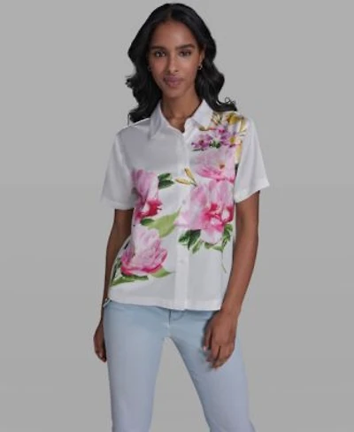Karl Lagerfeld Paris Womens Short Sleeve Floral Collared Shirt