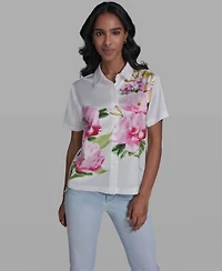 Karl Lagerfeld Paris Womens Short Sleeve Floral Collared Shirt