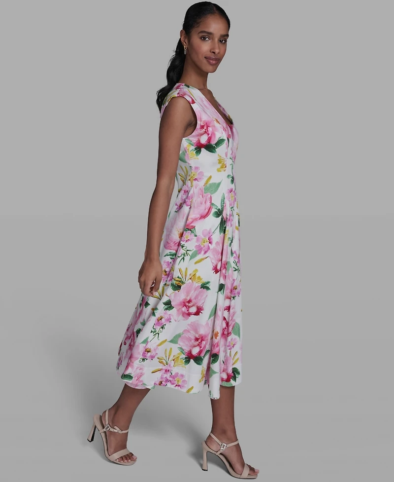 Karl Lagerfeld Paris Women's Placed Floral V-Neck Midi Dress