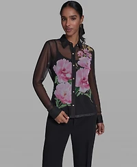 Karl Lagerfeld Paris Women's Placed Floral Mesh Collared Shirt