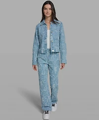 Karl Lagerfeld Paris Women's Collared Long-Sleeve Floral Print Denim Jacket