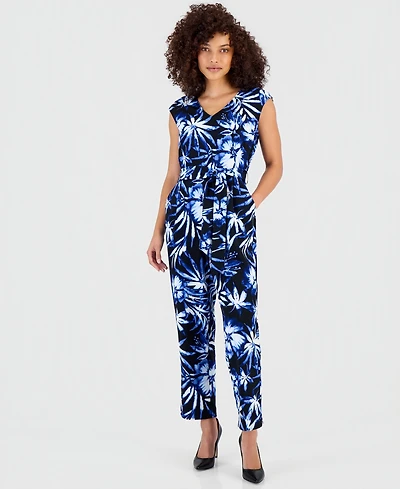 Anne Klein Essentials Petite Printed Tie-Waist Jumpsuit
