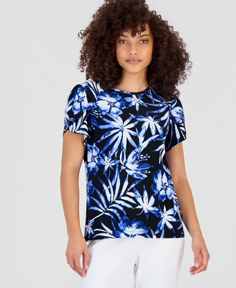 Ak Anne Klein Petite Crewneck Short-Sleeve Printed Top