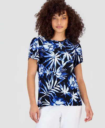 Ak Anne Klein Petite Crewneck Short-Sleeve Printed Top