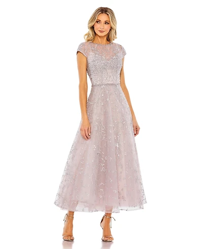 Mac Duggal Petite Embellished High Neck Cap Sleeve A Line Dress