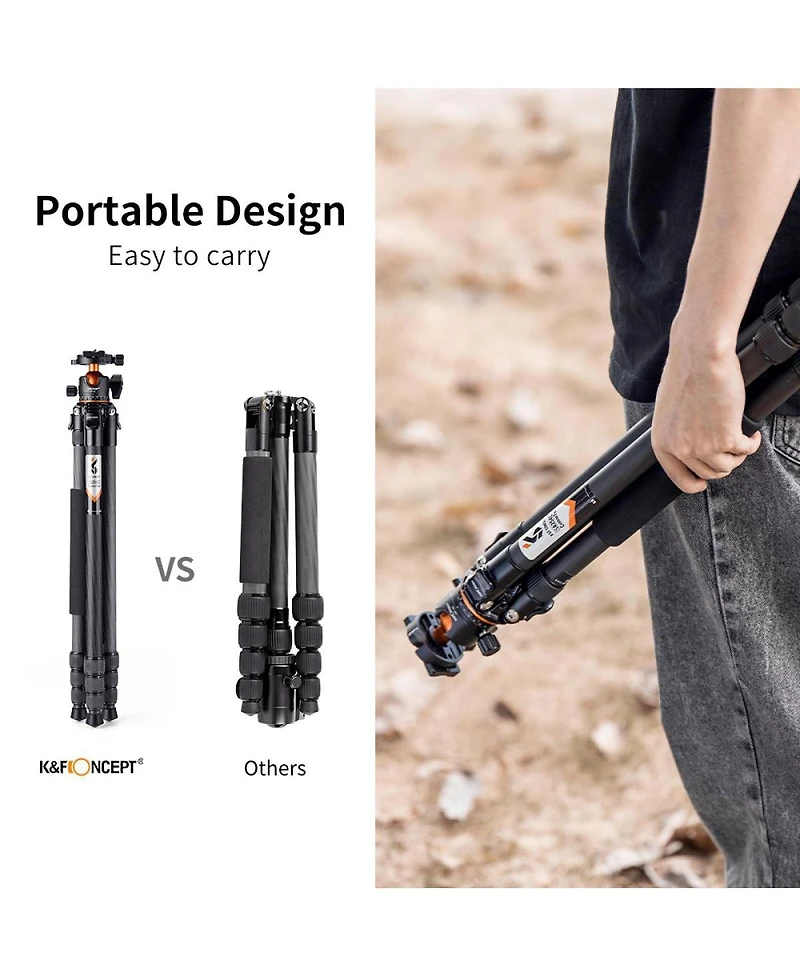 K&F Concept A254C4 4-Section Carbon Fiber Travel Tripod/Monopod with Ball Head