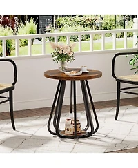 Tribesigns Small Round Side Table, 2-Tier Sofa End Table with Metal Frame and Lower Shelf, Wooden Bedside Nightstand, Vintage Brown & Black