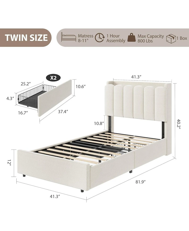 gaomon Led Full Bed Frame with Storage Headboard, Kids 2 Drawers, Boucle Upholstered Platform for Girls