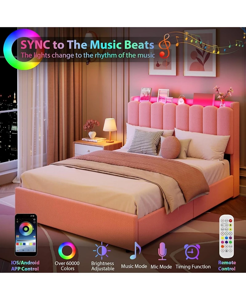 gaomon Led Full Bed Frame with Storage Headboard, Kids 2 Drawers