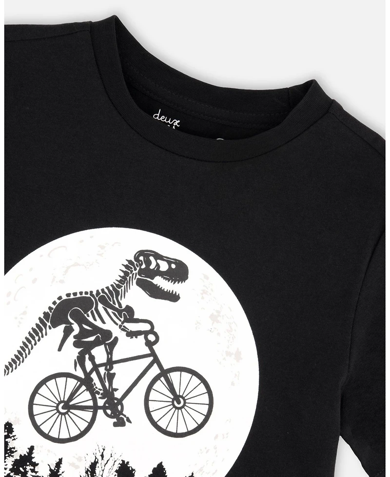 Deux par Deux Big Boys Cotton Jersey T-Shirt with Dino On Bike Print