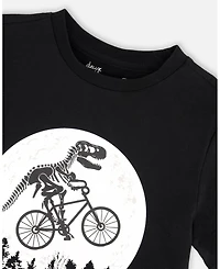 Deux par Deux Big Boys Cotton Jersey T-Shirt with Dino On Bike Print
