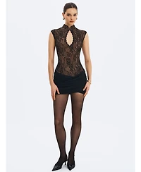 Miss Circle Women's Valerie Black Lace Teardrop Neckline Ruched Mini Dress