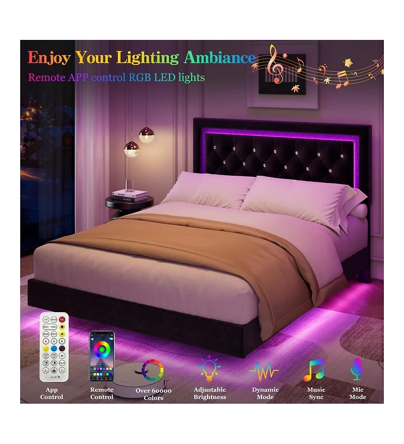 gaomon Floating Bed Frame Size with Smart Led Lights, Upholstered Platform Bed with Diamond Headboard, Solid Wood Slats Support, No Box Spring Needed