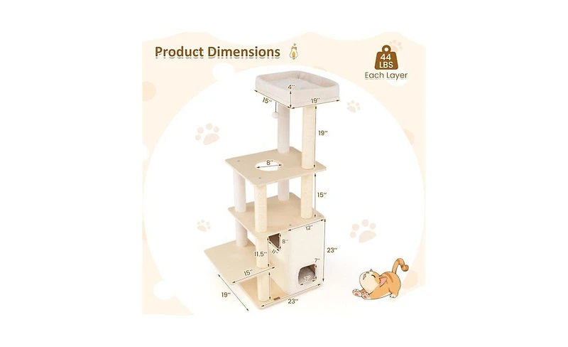 Aostirmotor Heavy-Duty Luxury Cat Tree, 63-Inch Tall Tower with 2-Story Bamboo Condo & 5 Sisal Posts, 44 lbs Per Level Capacity for Large Cats