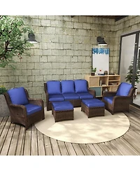 Flynama 5 Piece Rattan Outdoor Sectional Conversation Set 3 Seat Couch Single Chairs Ottomans Gray Navy for Lawn Garden Backyard