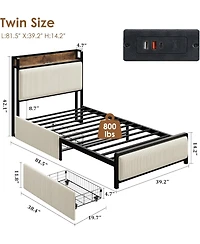 Twin Size Bed Frame with 2 Storage Drawers and Charging Station, Rustic Velvet Upholstered Platform Bedframe with Storage Headboard, No Box Spring