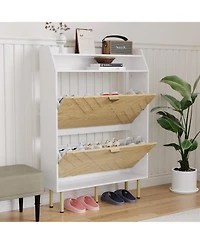 gaomon Slim Wood Shoe Cabinet, 2-Drawer Shoe Storage Organizer with Adjustable Compartments, Freestanding Space Saving Rack for Hallway, Bedroom