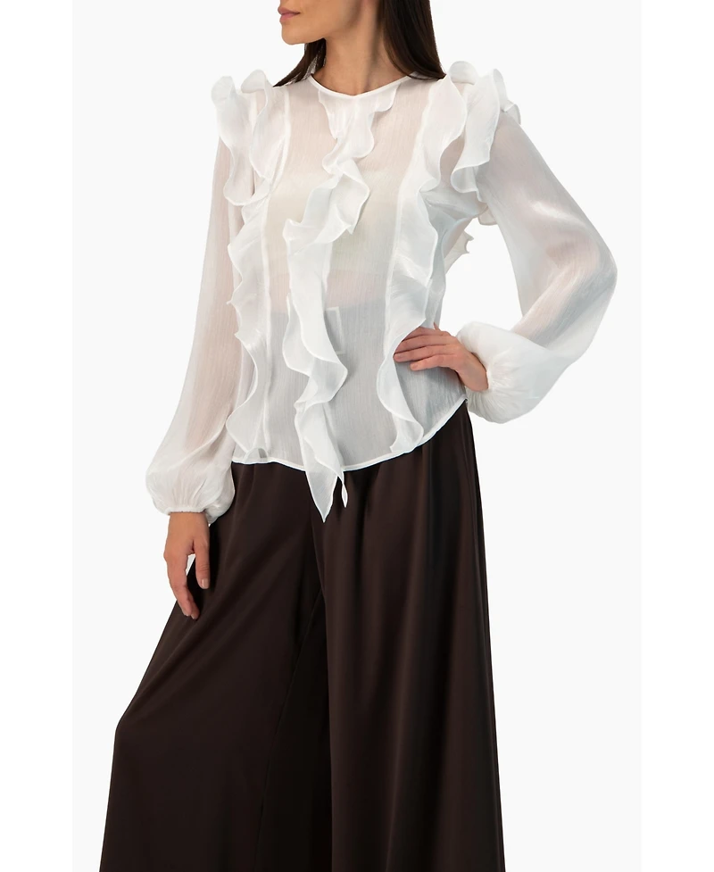 Ivonne Women's Long Sleeve Sheer Blouse with Ruffle Detail