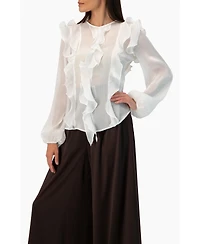 Ivonne Women's Long Sleeve Sheer Blouse with Ruffle Detail