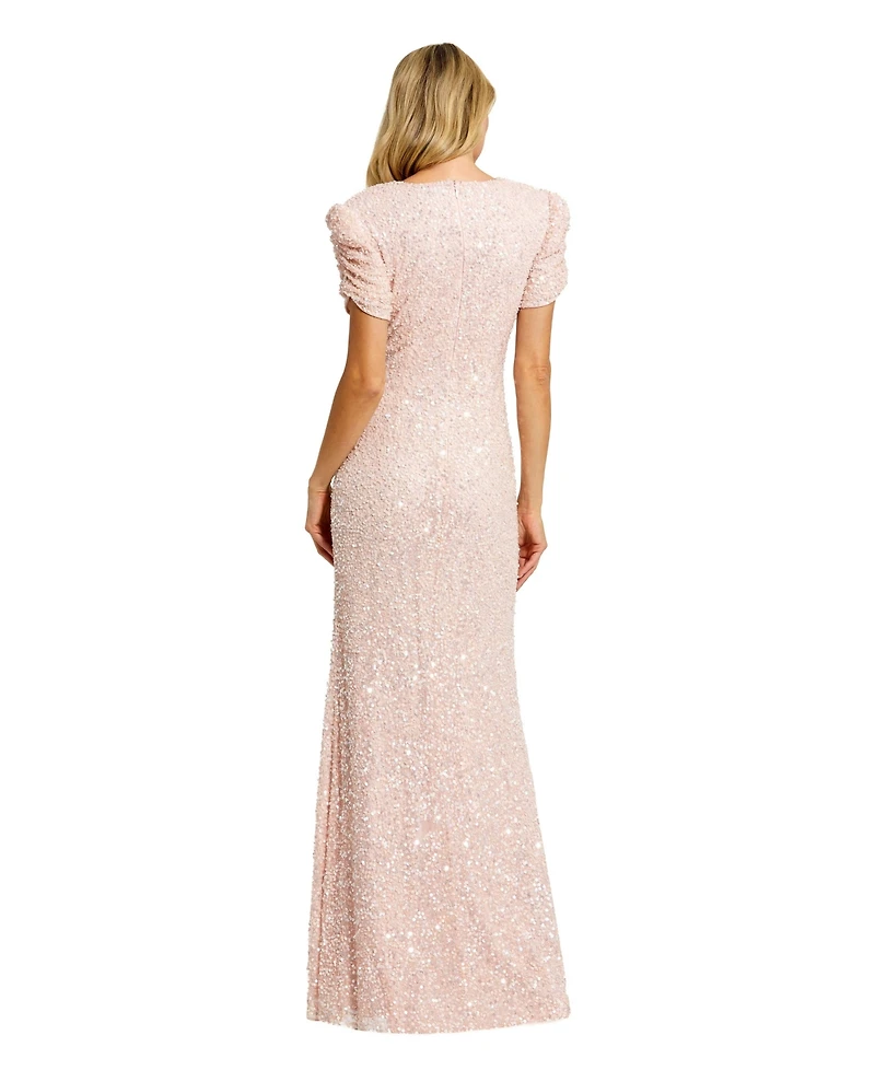 Mac Duggal Women's Petite Gathered Short Sleeve Beaded Gown