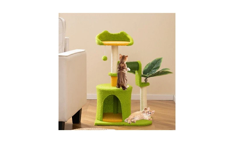 Aostirmotor High-Weight Capacity Cat Tree (22LBS), Tropical Palm Tree Design with Built-In Self-Groomer & Scratching Posts