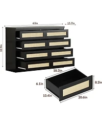 gaomon Rattan Dresser for Bedroom, Modern 8 Drawer Wooden Chest, Wide Wood Beside Table Closet, Nursery, Living Room and Entryway
