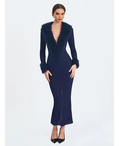 Miss Circle Women's Romina Navy Plunging Fur Trimmed Crochet Maxi Dress