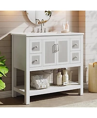 Tribesigns 36" Bathroom Vanity with Sink, Modern Freestanding Vanity with Ceramic Porcelain Basin, 2-Door Storage Cabinet & Open Shelf