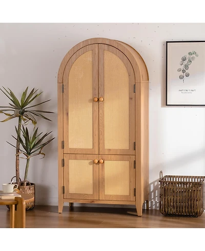 Boyel Living Arched Kitchen Pantry Cabinet, 63.39" Tall Arched Bookcase Rattan Storage Cabinet with Doors Adjustable Shelves