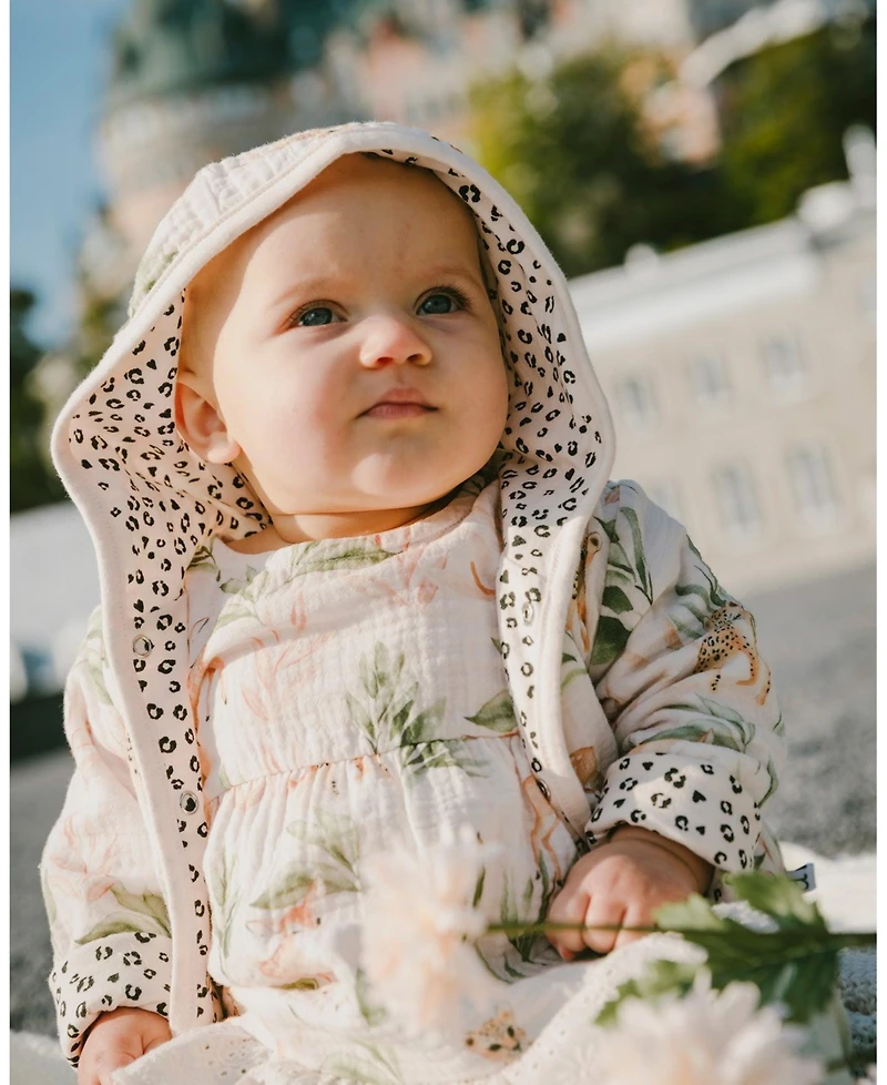 Deux par Baby Girls Muslin and Cotton Jersey Reversible Hooded Jacket Peach Deer/Leopard Print