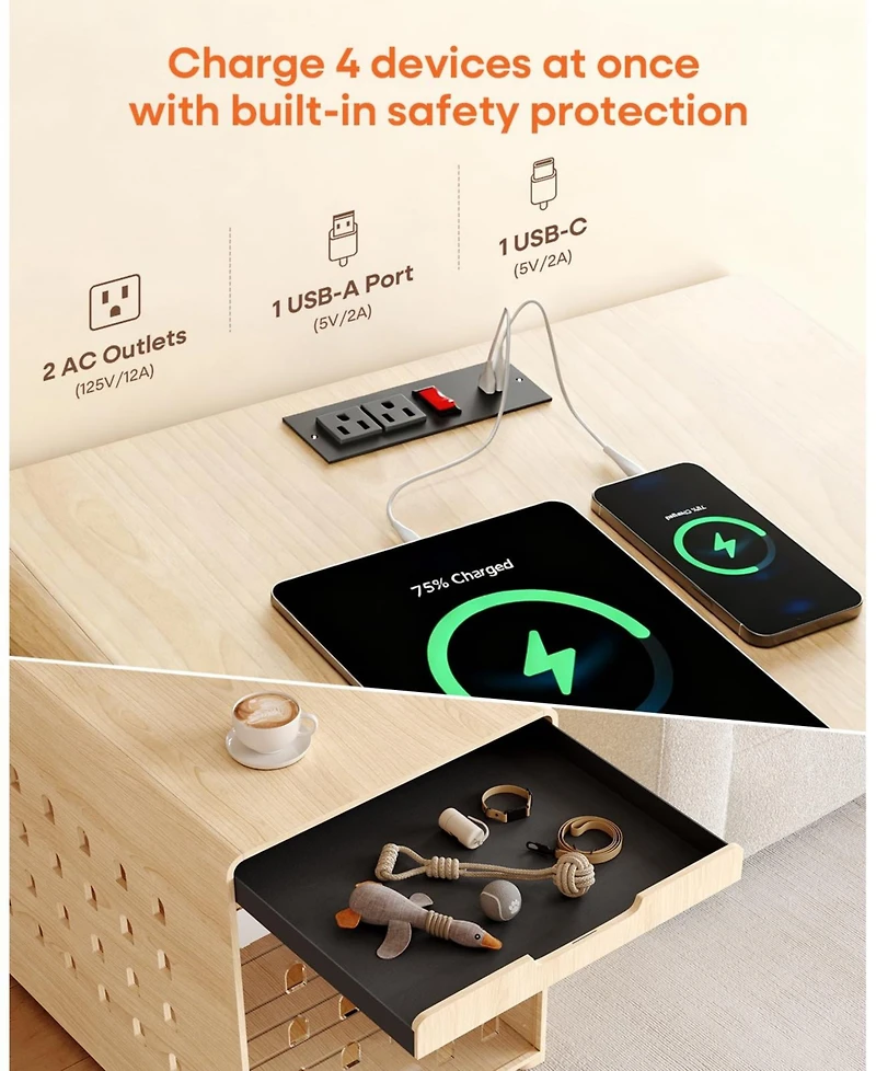 Sugift 37-Inch Oak Dog Crate Furniture with Charging Station, Large Indoor Wood Kennel Side Table with Flip Up Acrylic Door