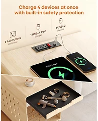 Sugift 37-Inch Oak Dog Crate Furniture with Charging Station, Large Indoor Wood Kennel Side Table with Flip Up Acrylic Door