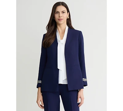 Kasper Women's Stretch Crepe Collarless Embellished Bracelet-Sleeve Jacket