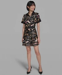Karl Lagerfeld Paris Womens Printed Camp Collared Shirt Skirt