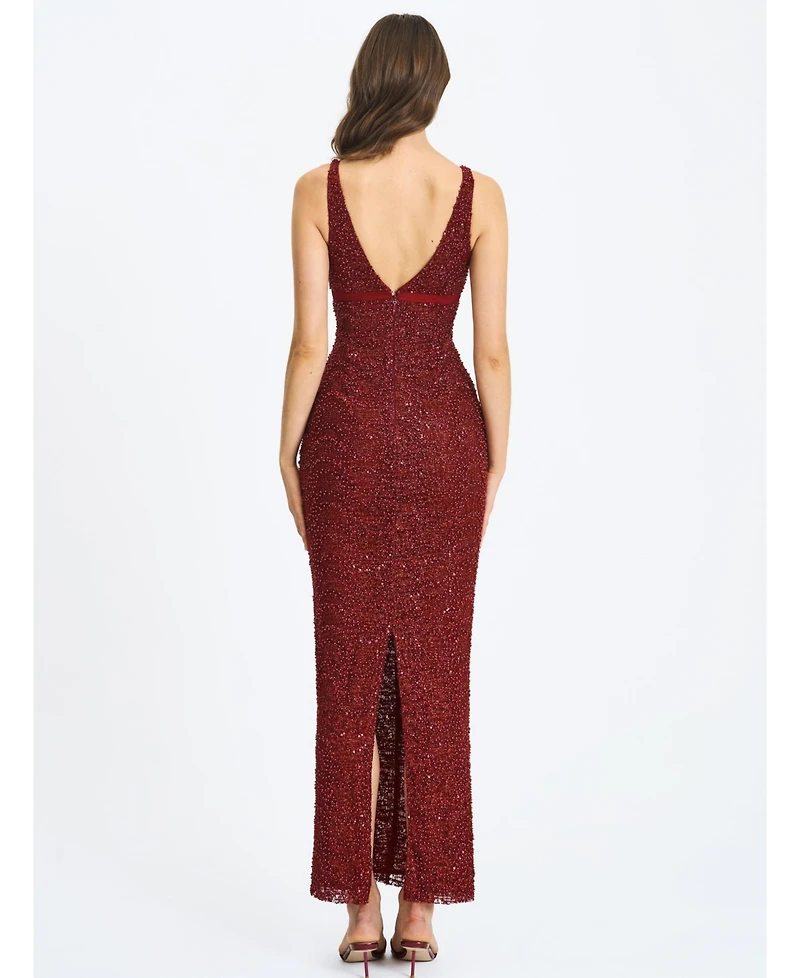 Miss Circle Women's Elora Crimson Sequin Beaded Keyhole Maxi Dress