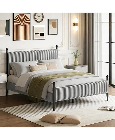 gaomon Bed Frame with Vertical Stripes headboard, Corduroy upholstered Bed upholstered Bed Frame with Vintage Metal Legs