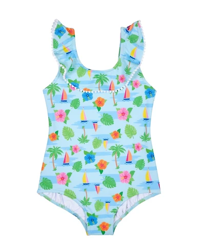 Florence Eiseman Toddler Girls Tropical Print Ruffle Neck Swimsuit