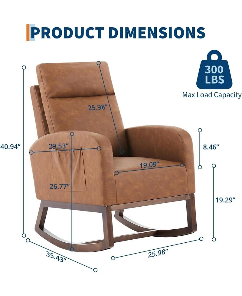 gaomon Modern Nursery Chair,Rocking Chair with High Backrest Armchair,Pu Glider Accent Reading Chairs Padded Seat for Living Room,Bedroom