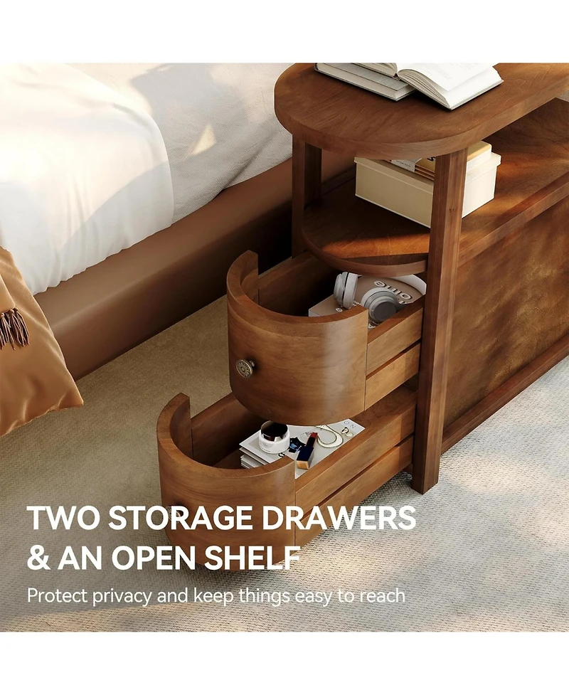 Tribesigns Solid Wood End Table with 2 Drawers & Open Shelf, No Assembly Required Side Table, Vintage Brown Slim Bedside Table Nightstand