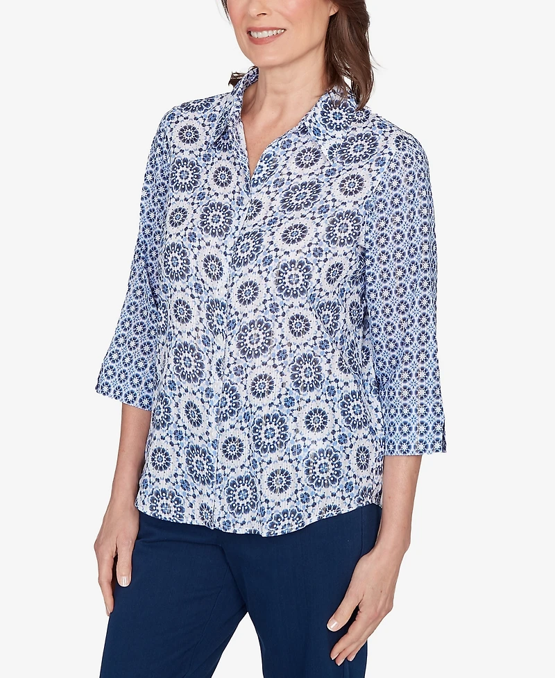 Alfred Dunner Women's Mykonos Geometric Button Front Collared Top