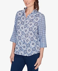 Alfred Dunner Women's Mykonos Geometric Button Front Collared Top