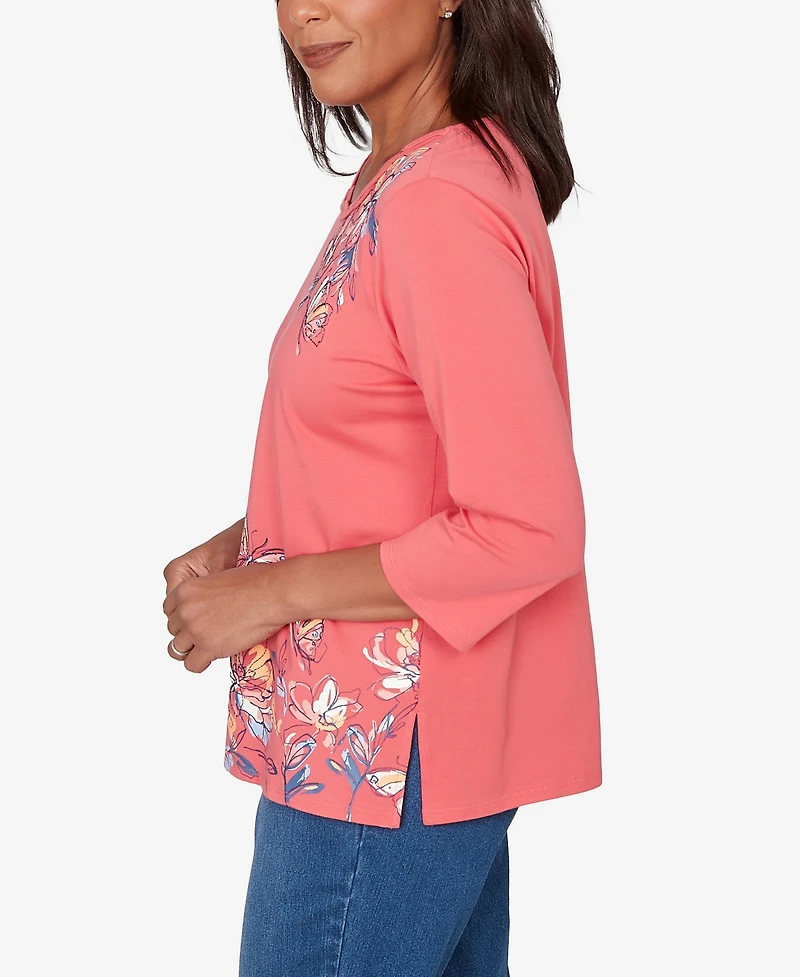 Alfred Dunner Women's Austin Asymmetric Etched Floral Knit Top