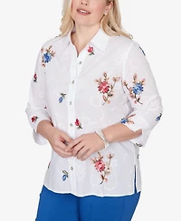 Alfred Dunner Women's The Royal Treatment Embroidered Flower Collared Button Front Top