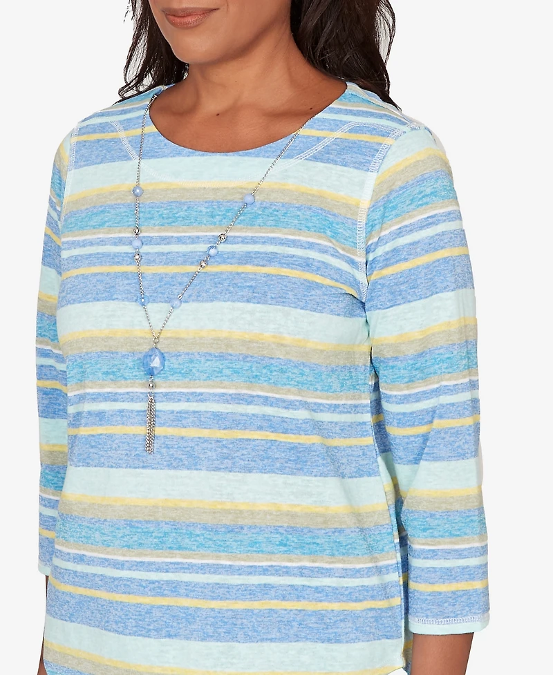 Alfred Dunner Women's Beachcomber Coastal Striped Top with Necklace