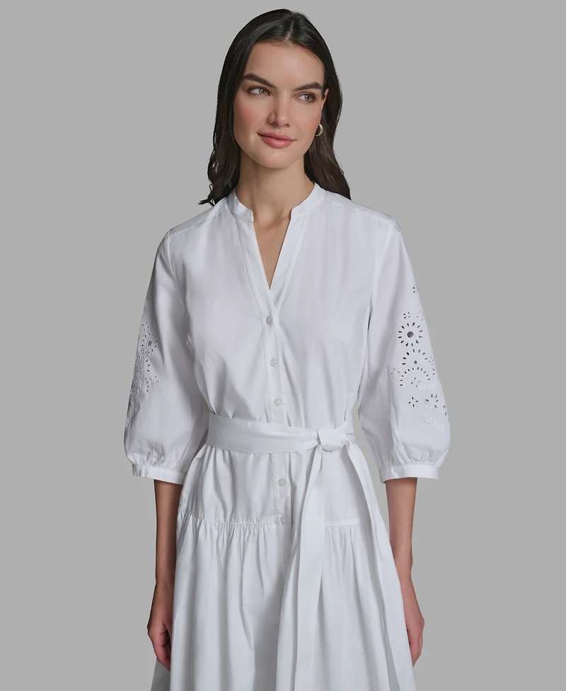 Karl Lagerfeld Paris Women's Poplin Eyelet Button Front Midi Dress
