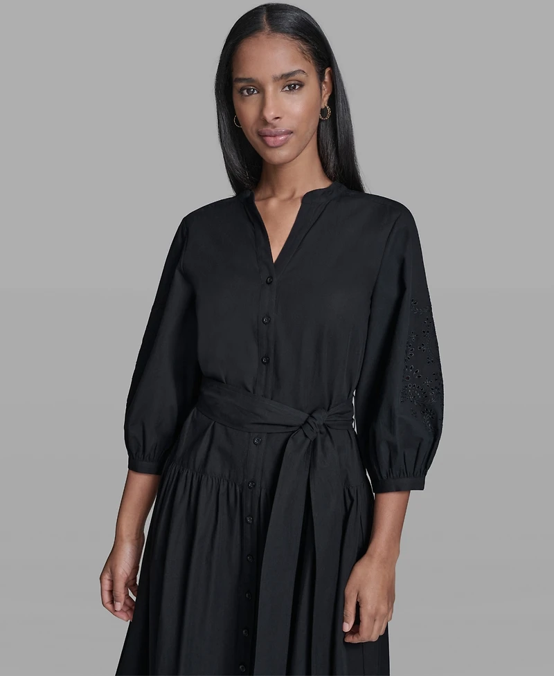 Karl Lagerfeld Paris Women's Poplin Eyelet Button Front Midi Dress