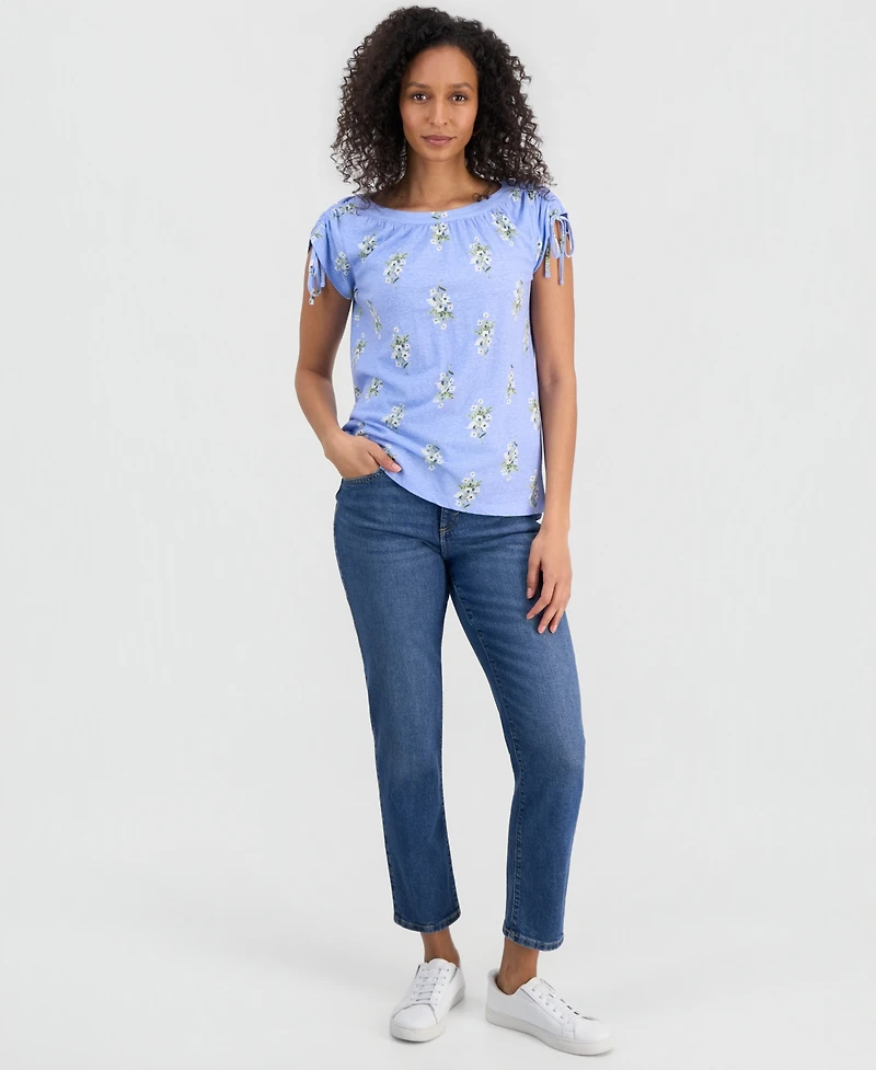 Style & Co Women's Printed Boat-Neck Ruched-Sleeve Top, Macy's Exclusive