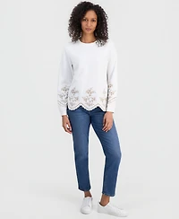 Style & Co Petite Long-Sleeve Trim Eyelet Knit Crew Neck Top, Macy's Exclusive
