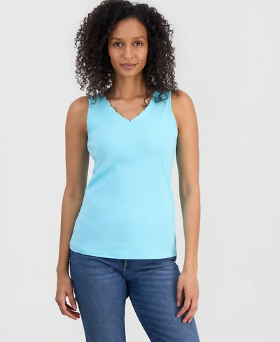 Style & Co Women's Cotton Scalloped V-Neck Sleeveless Top, Exclusively at Macy's